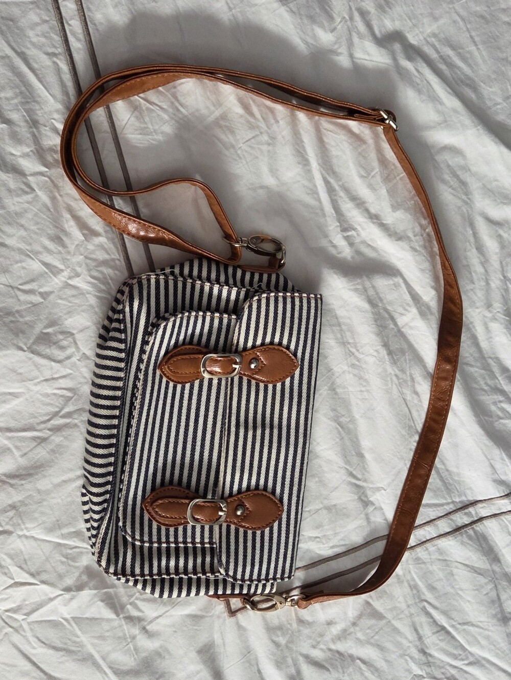 Street Level Navy Striped Canvas Crossbody Bag with Tan Faux Leather Trim/Strap